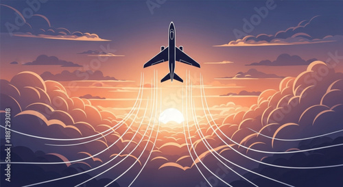Airplane soars through vibrant sunset sky with clouds and radiant sunbeams symbolizing freedom and adventure in flight