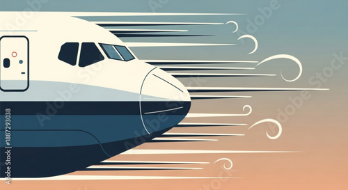 Airplane nose speeding with motion lines on blue and orange gradient background