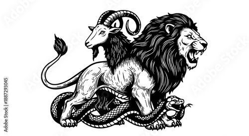 Black and white illustration of a mythical chimera with lion and goat features