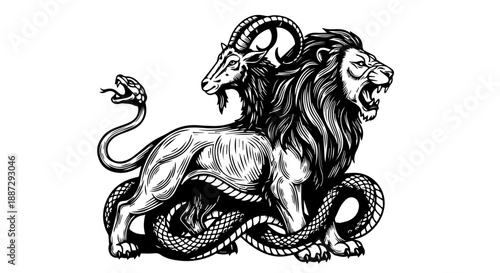 Black and white illustration of a lion, goat, and snake in a symbolic arrangement