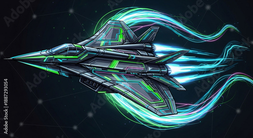 Futuristic spaceship with neon green and blue trails flying through space with stars