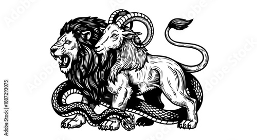 Black and white illustration of a mythical chimera with lion, goat, and serpent features