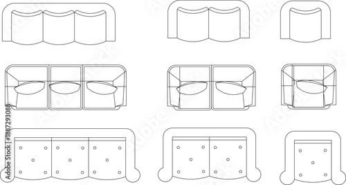 Vector line art collection of various sofa and armchair symbols in top view, featuring 3-seater, 2-seater, and single-seat designs for architectural floor plans and interior layouts.