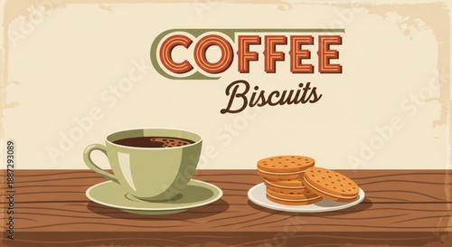 Cup of coffee with biscuits on a wooden table in a warm beige background