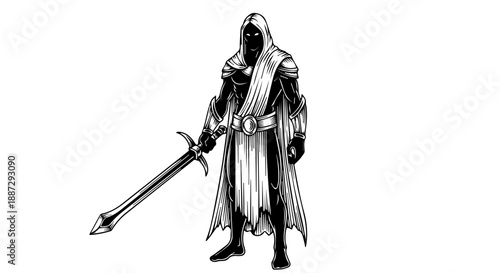 Black and white illustration of a hooded figure holding a sword