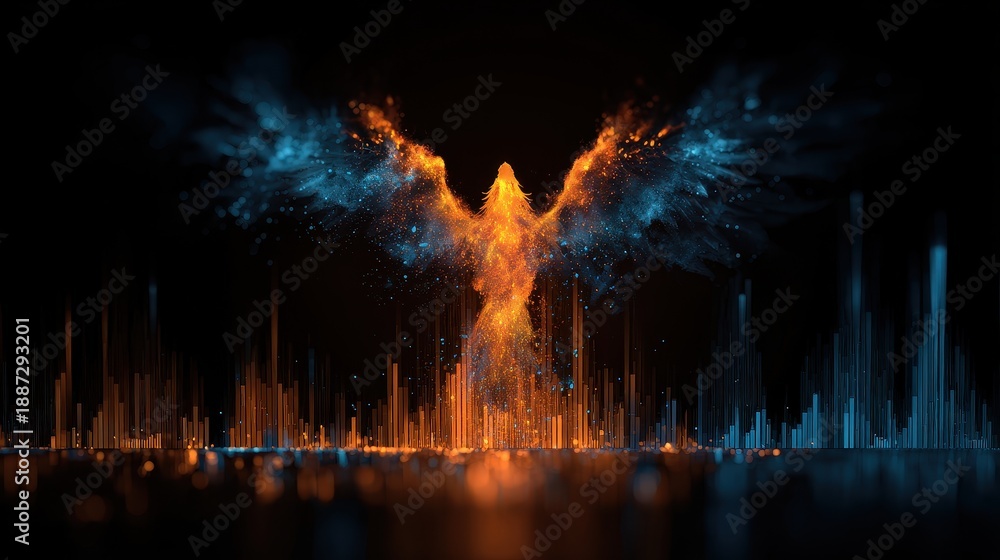 Fototapeta premium Analytics symbols forming a rising phoenix, fantasy cyber illustration, fiery orange blue, digital art, business revival through data