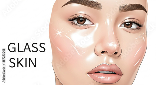 Glass skin concept with woman's face and glowing complexion lines