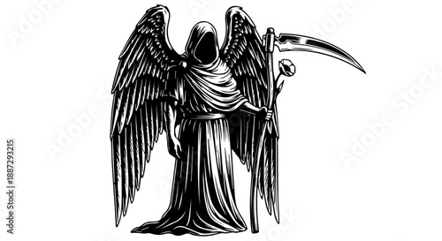 Black and white illustration of a grim reaper with wings holding a scythe and a white flower