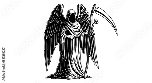 Black and white illustration of a celestial figure with wings and a scythe