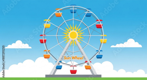 Colorful ferris wheel with sun and clouds in a bright blue sky at an amusement park