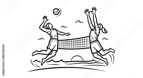 Beach volleyball players jumping to hit ball at sunset with dynamic movements and joyful expressions
