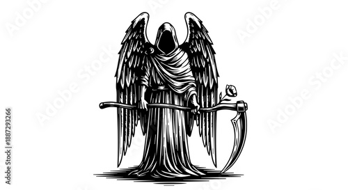 Black and white illustration of an angelic figure with wings holding a scythe and a rose