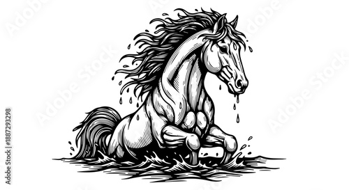 Black and white illustration of a horse galloping with water droplets