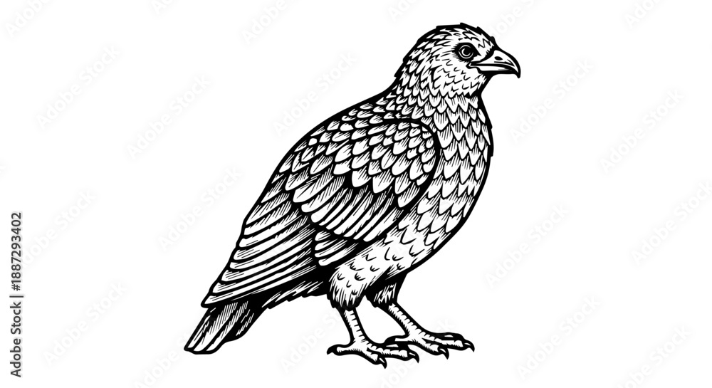 Fototapeta premium Black and white line drawing of a bird of prey with intricate feather details