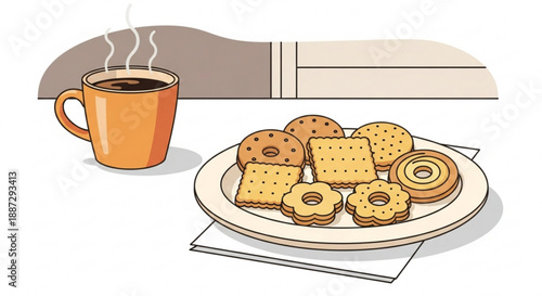 A plate of assorted cookies and a steaming hot cup of coffee on a table by the window with a napkin