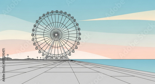 Large ferris wheel on a pier with a pastel sky background at sunset or sunrise
