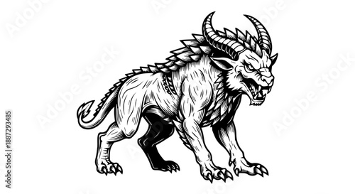 Black and white illustration of a mythical dragon-wolf creature with textured fur and sharp spines