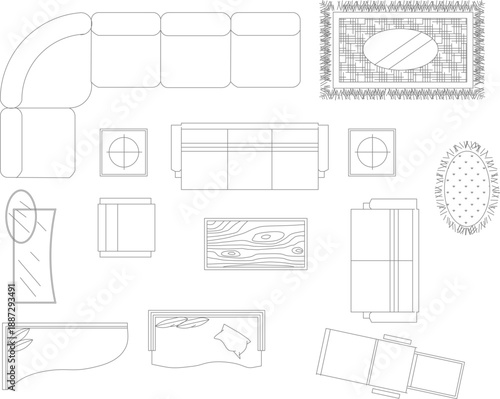 Vector collection of living room furniture symbols in top view, including sectional sofas, coffee tables, area rugs, and armchairs for architectural floor plans.