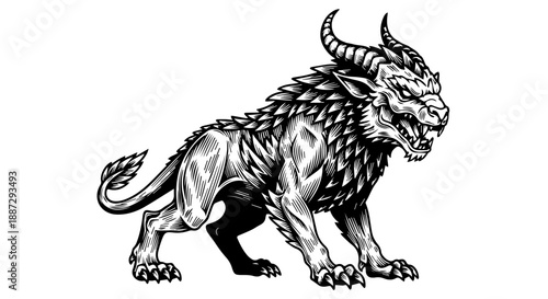 Mythical lion-like creature with horns in aggressive stance, black and white illustration
