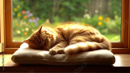 Peaceful Ginger Cat Sleeping Soundly on a Cushion by the Window.
