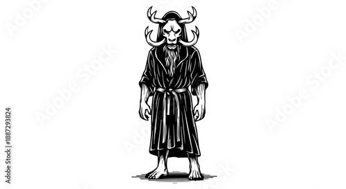 Black and white illustration of a skeletal figure with horns wearing a long robe