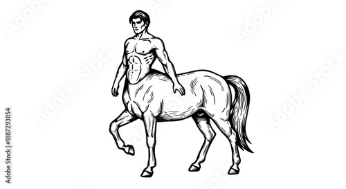 Black and white line drawing of a muscular male centaur in a dynamic pose