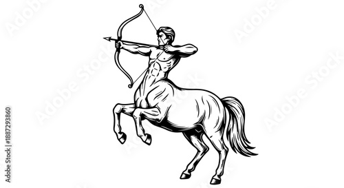 Black and white illustration of a mythological centaur with a drawn bow and arrow