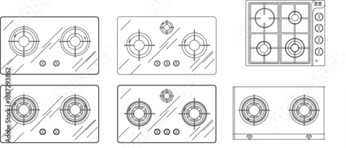 Vector line art collection of various gas stove designs in top view, featuring two-burner, three-burner, and four-burner hobs for kitchen floor plans and interior elevations