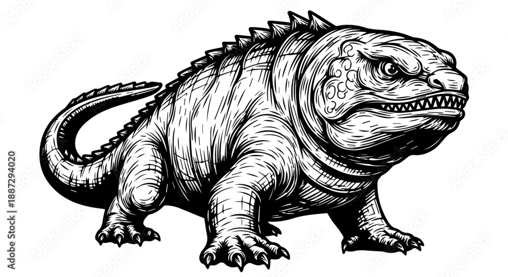 Fototapeta premium Black and white illustration of a fierce dinosaur-like reptilian creature with textured scales and sharp teeth