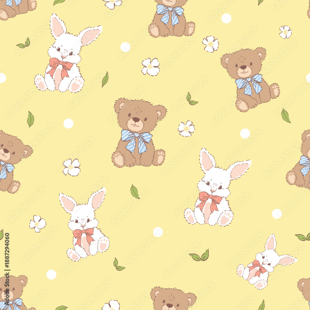 Obraz premium Cute Bear and Rabbit Seamless Pattern on Yellow Background
