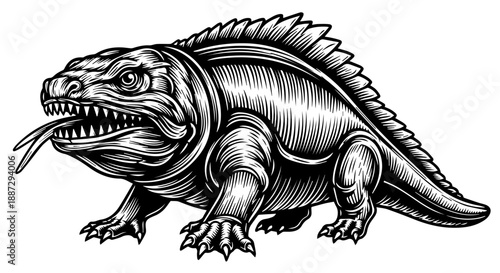 Black-and-white of a fierce reptilian creature resembling a crocodile or alligator with sharp teeth and a spiked tail