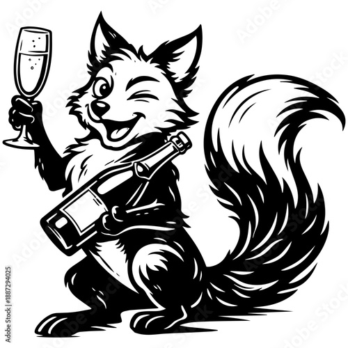 Funny Fox Holding Wine Bottle and Glass, Black and White Character Illustration in Engraving Style for Prints and Merchandise