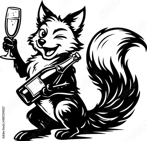 Funny Fox Holding Wine Bottle and Glass, Black and White Character Illustration in Engraving Style for Prints and Merchandise