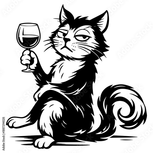 Funny Fox Holding Wine Glass, Black and White Animal Character Illustration in Engraving Style for Prints, Merch and Bar Decor