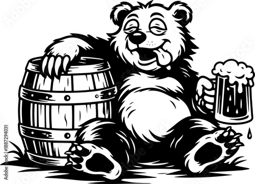 Funny Bear Drinking Beer With Barrel, Black and White Engraving Style Animal Character Illustration for Prints, Bar Decor and Merch