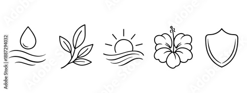 Minimalist Skincare Line Icons Set for Premium Cosmetic Brand, Monoline Nature Symbols for Hydration, Acne Care, Glow, Anti Aging and Sensitive Skin