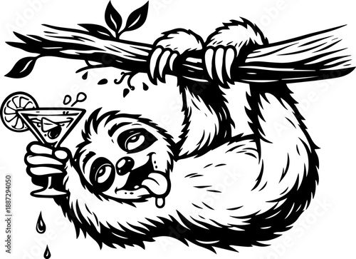 Funny Sloth Hanging From Branch Drinking Cocktail, Black and White Engraving Style Illustration for Prints, Bar Decor and Merchandise