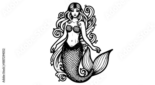 Black and white illustration of a mermaid with flowing hair and a fish-like tail