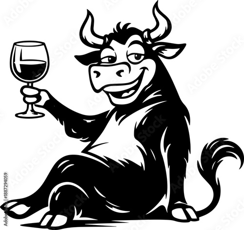 Funny Cow Holding Wine Glass, Black and White Engraving Style Animal Illustration for Prints, Bar Decor and Merchandise
