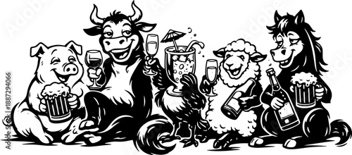 Funny Farm Animal Party With Cow Pig Sheep Dog and Cat Drinking Beer and Cocktails, Black and White Engraving Style Illustration