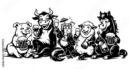 Funny Farm Animal Party With Cow Pig Sheep Dog and Cat Drinking Beer and Cocktails, Black and White Engraving Style Illustration