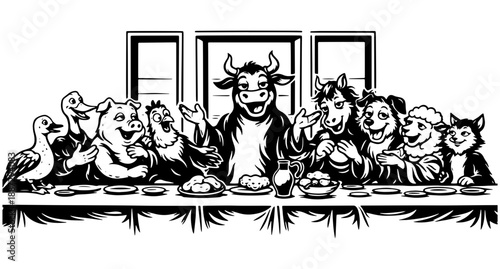 Funny Farm Animals Last Supper Parody Scene, Black and White Engraving Style Illustration With Cow Pig Sheep Dog and Goose