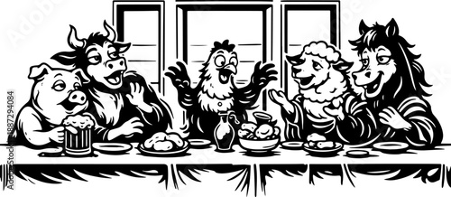 Funny Farm Animals at Table Party Scene, Cow Pig Sheep Dog and Horse Drinking and Eating, Black and White Engraving Illustration