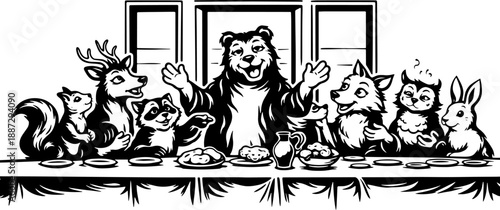 Funny Animal Last Supper Parody With Bear, Deer, Dog, Cat and Rabbit, Black and White Engraving Style Illustration