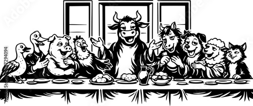 Funny Farm Animals Last Supper Parody Scene, Black and White Engraving Style Illustration With Cow Pig Sheep Dog and Goose