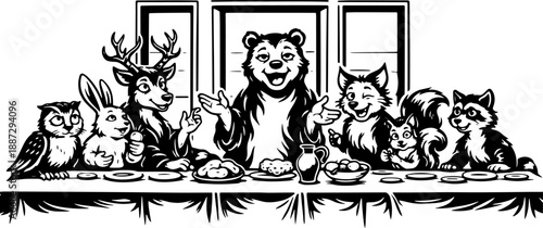Funny Animal Last Supper Parody With Bear, Deer, Dog, Cat and Rabbit, Black and White Engraving Style Illustration