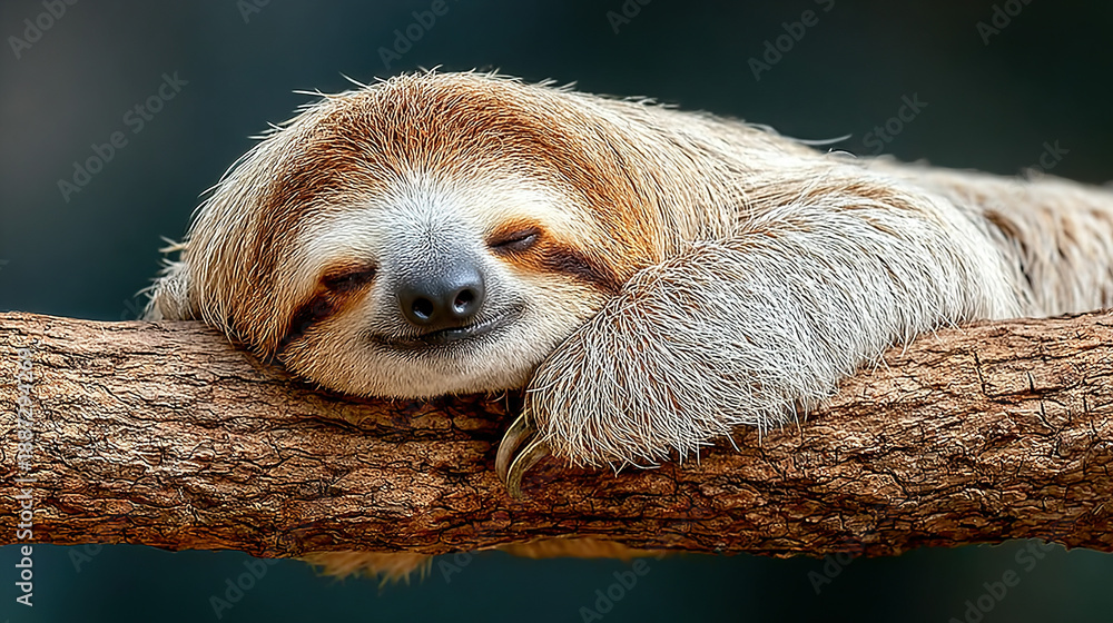 Fototapeta premium A sloth resting on a tree branch with closed eyes.