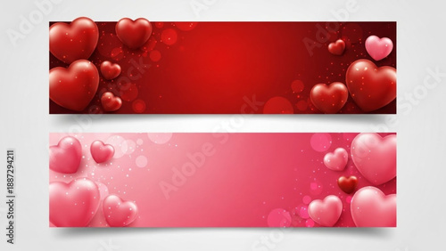 Festive banners featuring floating glossy hearts and radiant bokeh lights, designed in vibrant red and soft pink gradients, ideal for romantic celebrations, holidays, and heartfelt messages