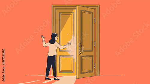 Woman Opening Door to New Opportunity.