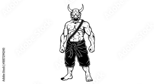 Black and white illustration of a mythical minotaur with bull horns and loincloth